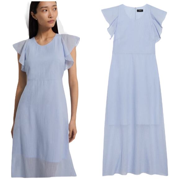 Theory NWT Ruffle Sleeve Dress in Organic Cotton Size 4 Baby Blue Midi V-Neck - Picture 2 of 12